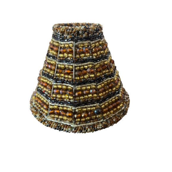 Beaded Small Lamp Shade Brown Gold Jar Candle 4.25" Tall Hole for sitting 2" - Picture 1 of 4